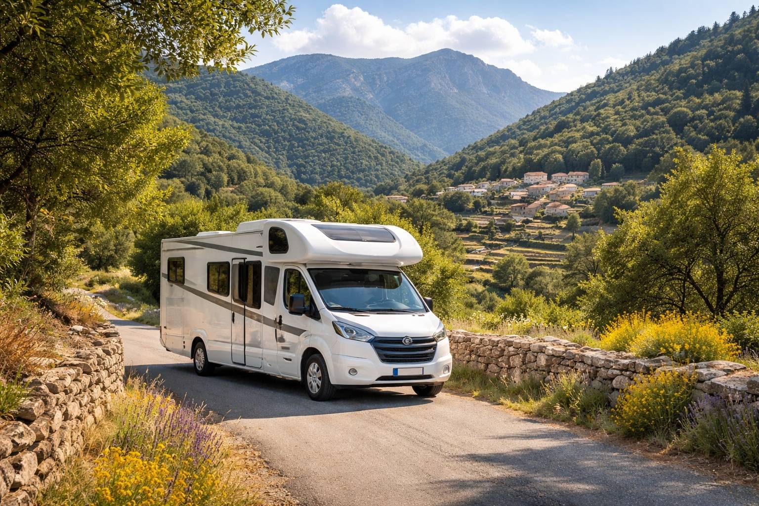 Profilé Fiat Ducato dans les montagnes dans le Gard, près de la Lozère